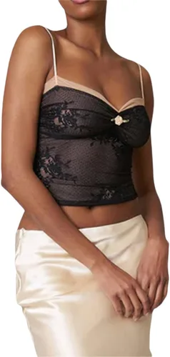 Vista 2 de RUEWEY Camiseta sin mangas con estampado floral para mujer, con ribete de encaje, lazo frontal, ajustada
