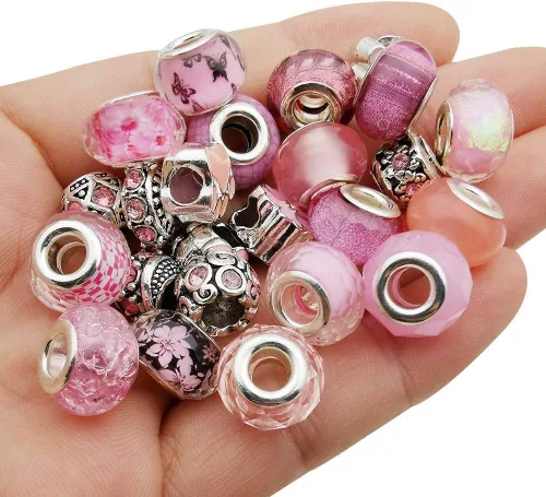 Vista 10 de 55 piezas surtidas de cuentas con agujeros grandes de aleación europea, cuentas con separadores metálicos para manualidades, pulseras, collares