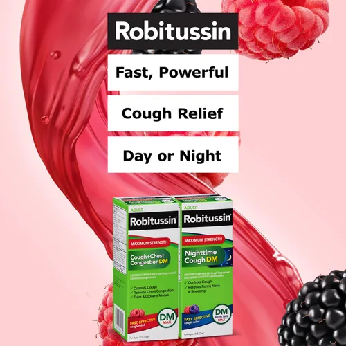 Vista 2 de Robitussin DM de máxima fuerza para la tos + congestión del pecho y máxima fuerza para la tos nocturna DM, medicamento para la tos para adultos