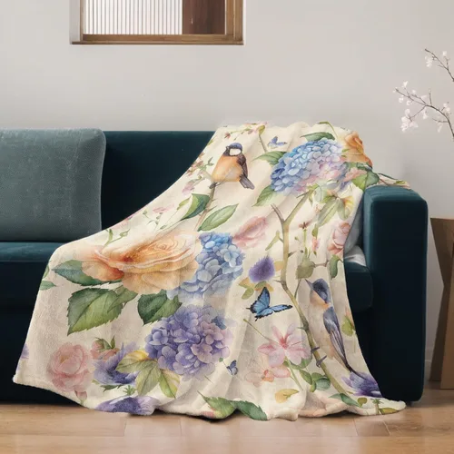 Vista 3 de Manta ligera de pájaros y mariposas, regalos para amantes de la naturaleza, manta de franela con rosa colorida y hortensias impresas para sofá