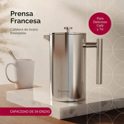 Vista 2 de Prensa francesa de doble pared, de acero inoxidable, con acabado de espejo (34 oz) 20% más resistente para café/té: Sistema multipantalla 100% sin