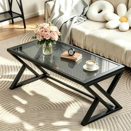 Vista 11 de Wolawu - Mesa de café para sala de estar, mesa central negra, mesa de té rectangular moderna y simple de mármol falso con marco de metal acabado