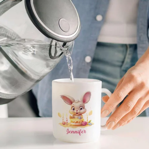 Vista 6 de Taza de viaje de cerámica personalizada de conejo, taza con nombre personalizado para los amantes de los conejos, taza de té con nombre temático