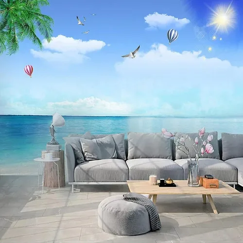 Vista 3 de Papel tapiz 3D de gaviota de playa, papel tapiz de globo de aire caliente de coco, murales panorámicos extraíbles, adecuado para decoración