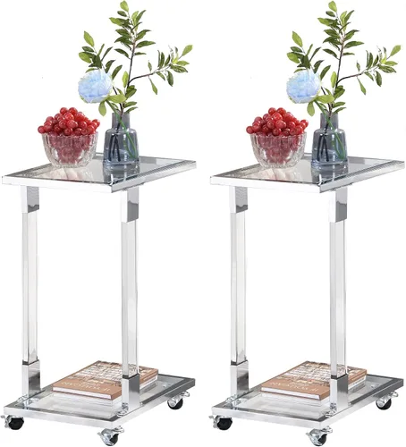 Vista 9 de Mesa auxiliar de cristal dorado en forma de C con ruedas móviles, mesa de acrílico para sala de estar, mesa C transparente para dormitorio, muebles