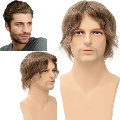 Vista 20 de Toupee de piel fina suave de 0.002 in PU 10x8 pulgadas reemplazo de pelo para hombre postizo 100% europeo piezas de cabello humano para hombre #1