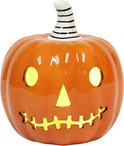 Vista 8 de Midnight Manor Halloween LED iluminado cerámica Jack O Lantern batería incluida (blanco)