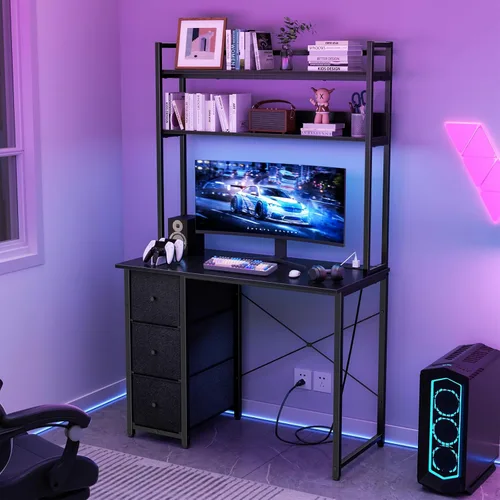 Vista 7 de Aquzee Escritorio para computadora con cajones, escritorio de 40 pulgadas con gabinete, escritorio de oficina en casa con almacenamiento, tomas