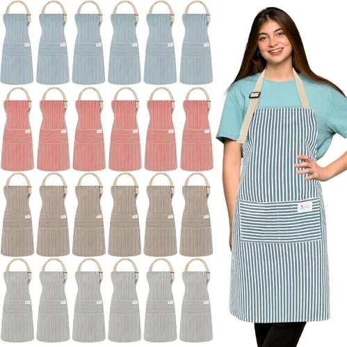 Vista 12 de Janmercy 24 delantales para mujeres y hombres con 2 bolsillos, delantal de cocina de lino, delantal ajustable para chef, delantales a granel unisex