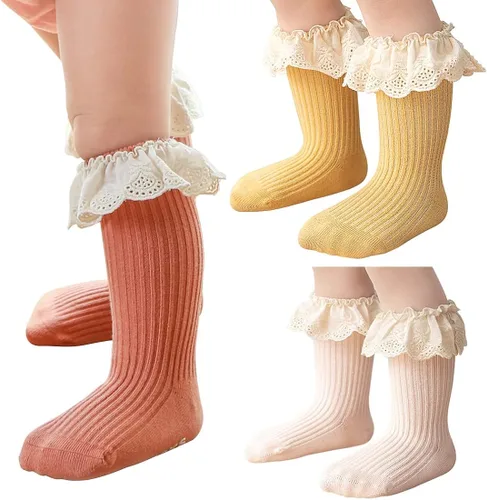 Vista 8 de HOUSEYUAN Calcetines largos con volantes hasta la rodilla para bebé niña pequeña calcetines de princesa lindos con volantes vestido de bebé