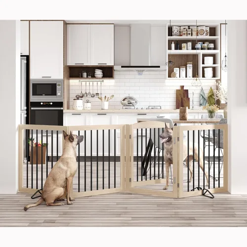 Vista 10 de Vantas Puerta plegable para mascotas de 80 pulgadas de ancho, 30 pulgadas de alto, puerta de madera para perros sin montaje con puerta pasante
