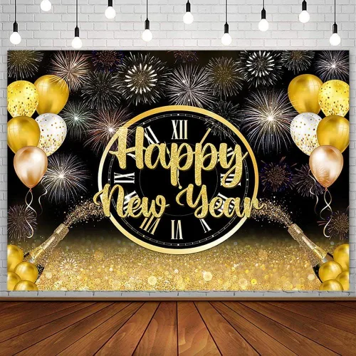 Vista 18 de AIBIIN Telón de fondo de 7 x 5 pies con texto en inglés «Happy New Year» 2026, noche de la ciudad, víspera de Año Nuevo, grandiosos fuegos Fuegos