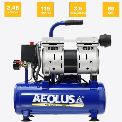 Vista 2 de Compresor de Aire Ultra Silencioso, 65dB, Sin Aceite, Acopladores Rápidos, 115PSI, Eléctrico Portátil para Neumáticos de Coche y Bicicleta, Pistola