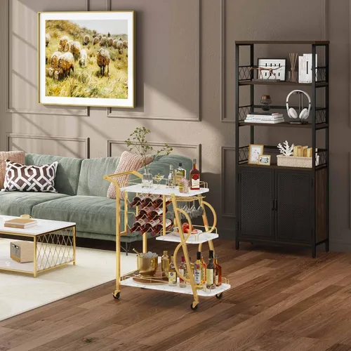 Vista 9 de Carrito de Bar, Carrito de Bar Dorado para el Hogar, Carrito de Servicio con Soporte para Copas de Vino, Carrito de Bebidas de 3 Niveles con Ruedas