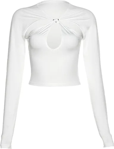 Vista 4 de Remidoo Camiseta corta de manga larga con cuello redondo y corte ajustado para mujer