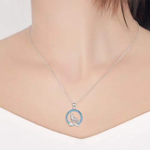 Vista 5 de YFN Collar de lobo para hombres y mujeres, plata de ley, ópalo luna, lobo joyería de cumpleaños para amantes del lobo de 18 + 2 pulgadas, Plata