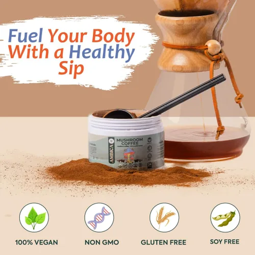 Vista 5 de Ambica Café molido de hongos instantáneos, orgánico USDA con diez café de hongos con melena de león, reishi, cordyceps y chaga para apoyo
