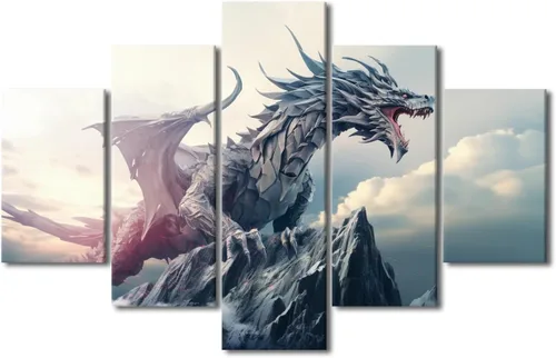 Vista 48 de Lienzo decorativo para pared de sala de estar, lienzo de dragón, 5 paneles, dragón verde, decoración de pared para el hogar, decoración de pared