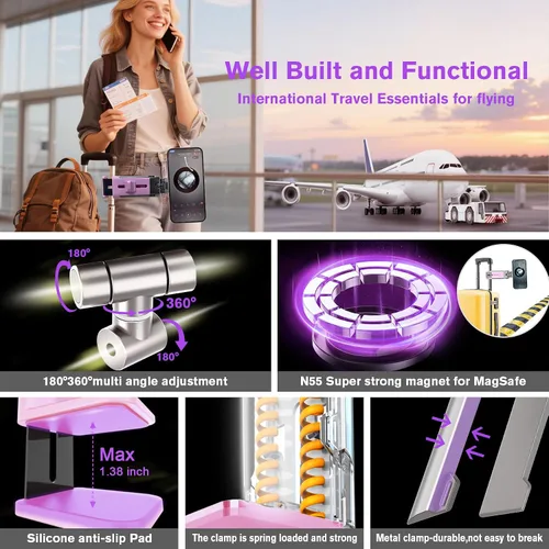 Vista 8 de Soporte de teléfono para avión, artículos esenciales de viaje para mujeres, soporte magnético para teléfono para MagSafe, imán fuerte N55, giratorio