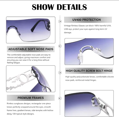 Vista 3 de Mehhlly Gafas de sol envolventes Y2K para mujeres y hombres, futuristas sin marco, lentes degradados