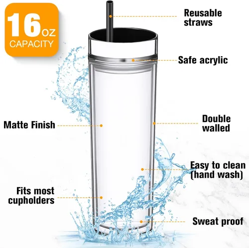 Vista 4 de Potchen 2 vasos delgados con tapa y pajilla, vaso de acrílico mate de 16 onzas, aislado de doble pared de plástico, vasos reutilizables de vinilo