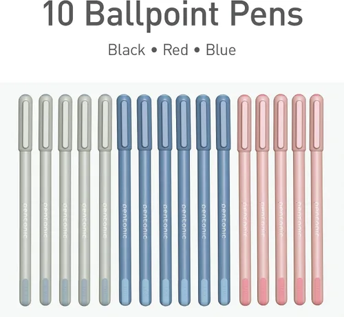 Vista 3 de Bolígrafos Pentonic, 15 unidades, barriles gris, azul y rosa, tinta negra, azul y roja, punta fina de 0.7 mm, escritura suave para tomar notas