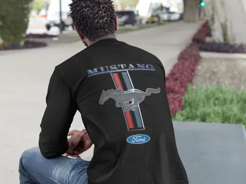 Vista 8 de Ford Mustang Pony Racing Stripe 5.0 Muscle Cars Camiseta de manga larga con estampado delantero y trasero Negro