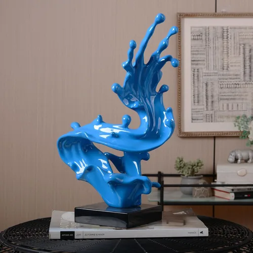 Vista 3 de HAUCOZE - Estatuilla abstracta de olas marinas para decoración del hogar, 16.1 pulgadas Blue Resin Handmade Statue with Black Base Fashion Gift