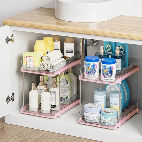 Vista 15 de Delamu Organizadores y Almacenamiento Multiusos de 2 Niveles para Debajo del Fregadero del Baño, Organización Apilable de Despensa de Cocina