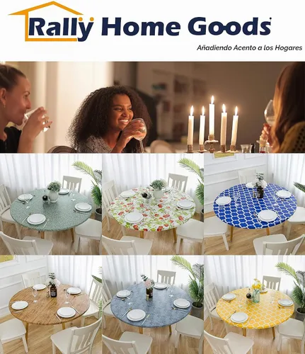 Vista 8 de Rally Home Goods Mantel redondo de vinilo ajustable para interiores y exteriores, respaldo de franela, borde elástico, funda de plástico impermeable