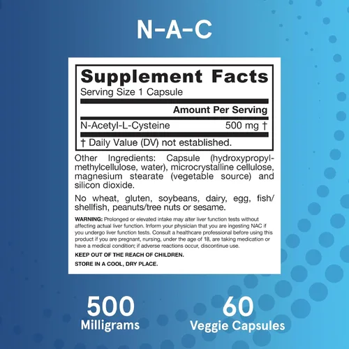 Vista 6 de Jarrow Formulas® N-A-C 500 mg, suplemento dietético, apoyo antioxidante para la salud del hígado, 60 cápsulas vegetales, suministro para 60 días