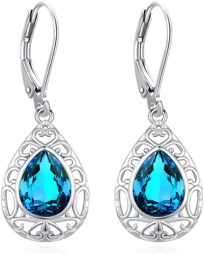 Vista 155 de Aretes colgantes de plata de ley con diseño de árbol de la vida, flor, abeja, animales, gato, colibrí, piedra lunar, turquesa, aretes con cierre