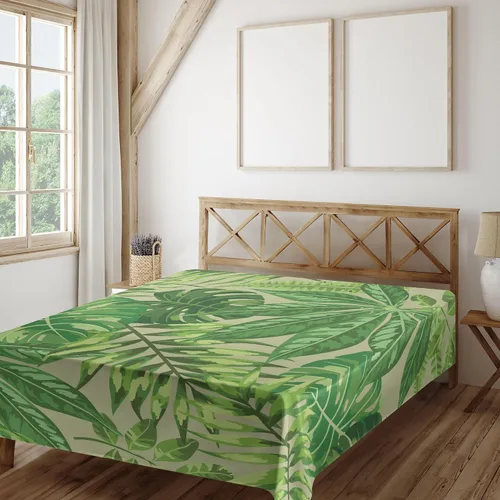 Vista 2 de Ambesonne Sábana encimera de hojas verdes, patrón exótico con hojas tropicales frescas de selva Aloha Hawaii, suave y cómoda, sábana superior