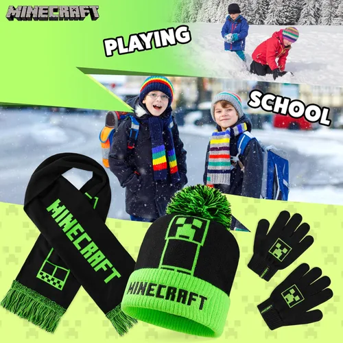 Vista 4 de Minecraft Cold Weather Set - Creeper Beanie Hat Scarf and Gloves Set Kids Winter Set