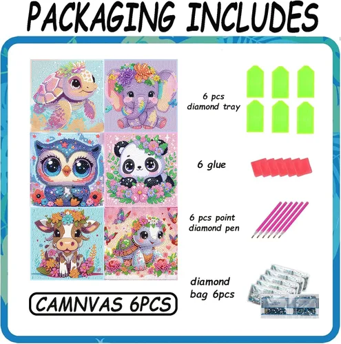 Vista 5 de Acelii Paquete de 6 kits de pintura de diamantes de dibujos animados 5D para niños principiantes, lindos animales, kit de arte de diamantes