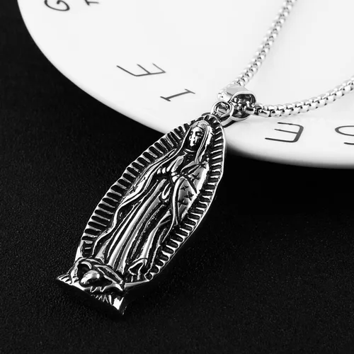Vista 2 de HZMAN Collar colgante de acero inoxidable con cadena de trigo de acero inoxidable con cadena de trigo de Nuestra Señora de Guadalupe