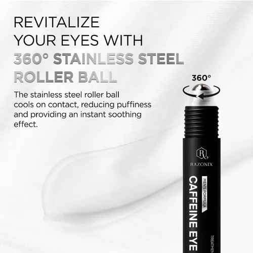 Vista 3 de RAZONIX Rodillo de ojos para ojos hinchados, suero de ojos con cafeína para ojeras, tratamiento de deshinchamiento para hombres y mujeres, 0.5 onzas