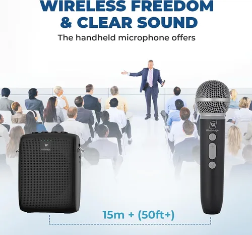 Vista 2 de Amplificador de voz inalámbrico WinBridge con micrófono para profesores, sistema PA portátil con micrófono de mano Bluetooth, juego de micrófono