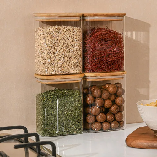 Vista 7 de D2scrma Contenedores herméticos rectangulares de vidrio de 37 onzas con tapas de bambú (juego de 4), tarro cuadrado de almacenamiento de alimentos