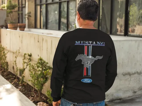 Vista 2 de Ford Mustang Pony Racing Stripe 5.0 Muscle Cars Camiseta de manga larga con estampado delantero y trasero Negro