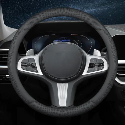 Vista 3 de HAOTULE Funda universal para volante de automóvil, de piel de napa, 15 pulgadas, color negro