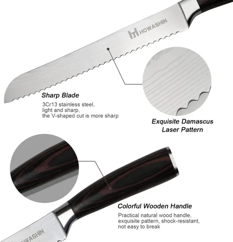 Vista 5 de Cuchillo de pan de 8 pulgadas afilado profesional cuchillo de cocina alemán de alto carbono cuchillo de cocina ergonómico color mango de madera