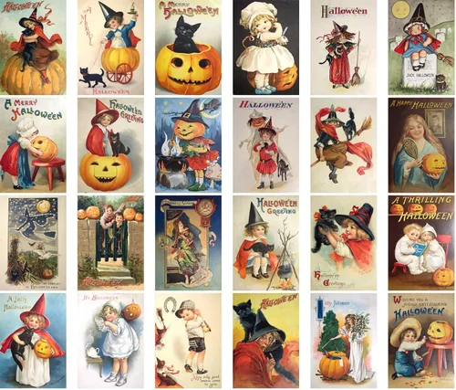 Vista 2 de PIXILUV Lindas tarjetas postales de Halloween, 24 tarjetas postales, brujas, gato negro, calabaza aterradora, tarjetas de felicitación vintage