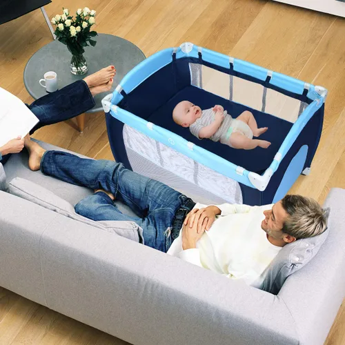 Vista 8 de HONEY JOY Empaca y juega con moisés, 4 en 1 portátil para bebé con cambiador, red y juguetes lindos, bolsa de almacenamiento de pañales, caja de Azul