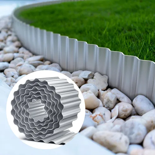 Vista 4 de LAVEVE Borde de Jardín de Metal Corrugado 3" x 15.2M, Borde de Paisajismo para Césped, Cama de Flores, Valla de Jardín, Borde de Pavimento (Plata)