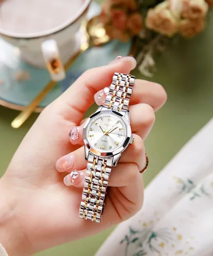 Vista 2 de OLEVS Reloj de pulsera para mujer, de acero inoxidable, de dos tonos, de acero inoxidable, analógico, de cuarzo, para mujer