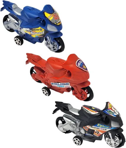 Vista 2 de AMERICAN WIT Paquete de 12 motos de tracción (4,25 pulgadas) 12 bicicletas, varios colores: rojo, negro y azul. Plástico