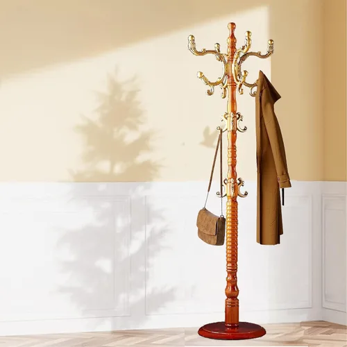 Vista 7 de Perchero independiente, soporte de madera con 14 ganchos, fácil montaje con base de disco estable para dormitorio, pasillo, oficina de entrada