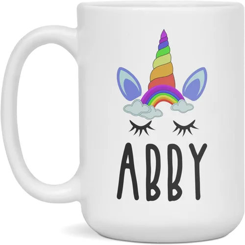 Vista 3 de Abby Rainbow Unicorn - Taza de regalo para niñas, bonita taza personalizada con el nombre de mujer, 11 onzas, color blanco