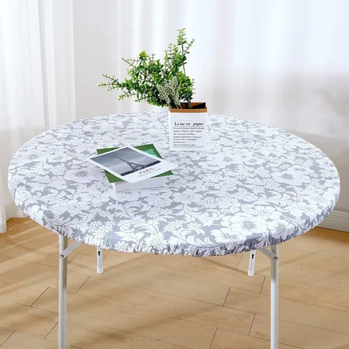 Vista 14 de Mantel redondo de vinilo de plástico ajustable con parte trasera de franela y borde elástico, protector de mesa impermeable para mesa de comedor